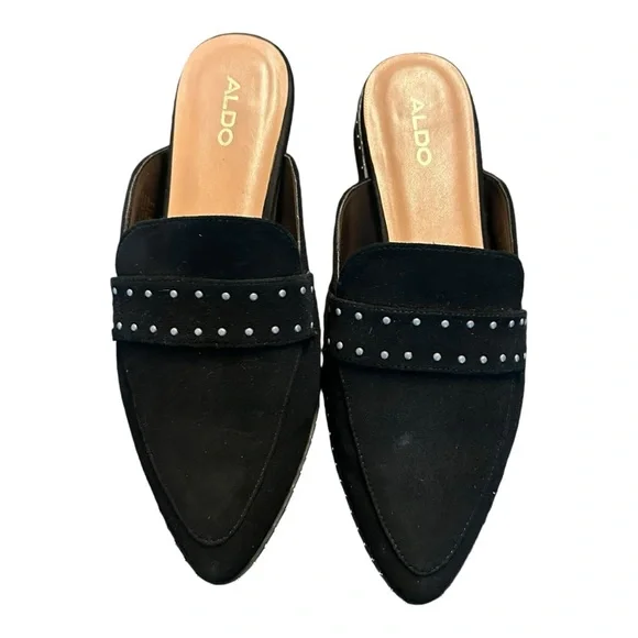 Aldo Stud Keeper Mules Womens Size 6 Slip on Slide Loafer Black Suede Flat - Picture 2 of 9